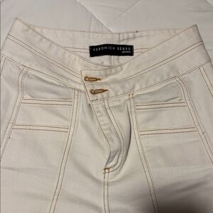 Veronica Beard High-Rise Cream Jeans with Contrast Topstitching